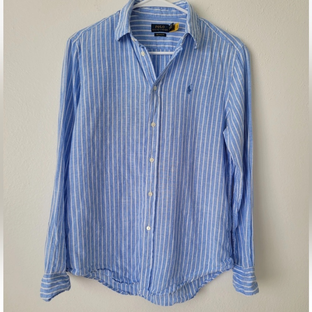 100% Linen Polo by Ralph Lauren Blue Striped Women’s Long sleeve Button up Shirt